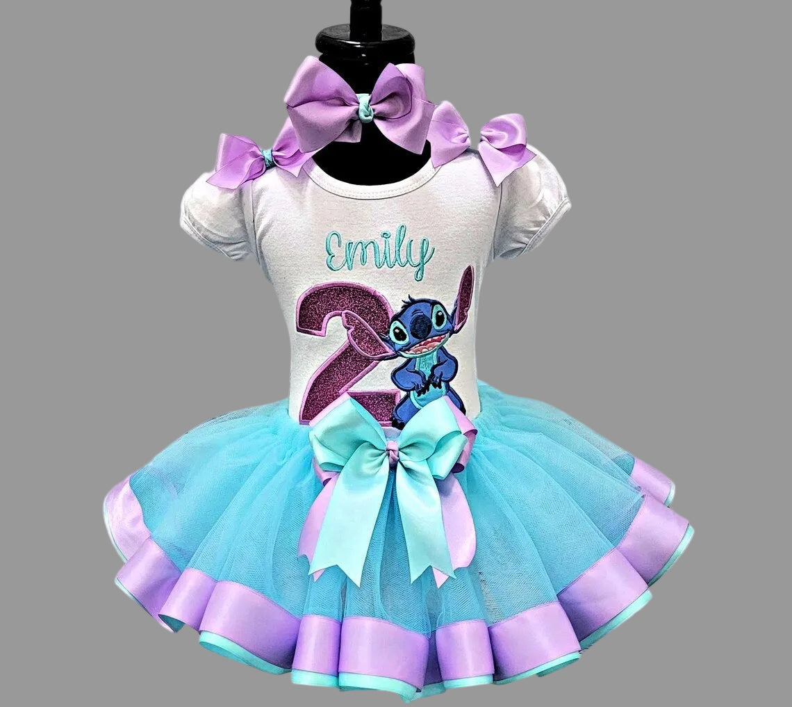 Stitch Alien Tutu Set Girls Personalized Custom Blue Light Purple Ribbon Sewn Trim Tutu Outfit Dress Theme Cake Smash Birthday Party