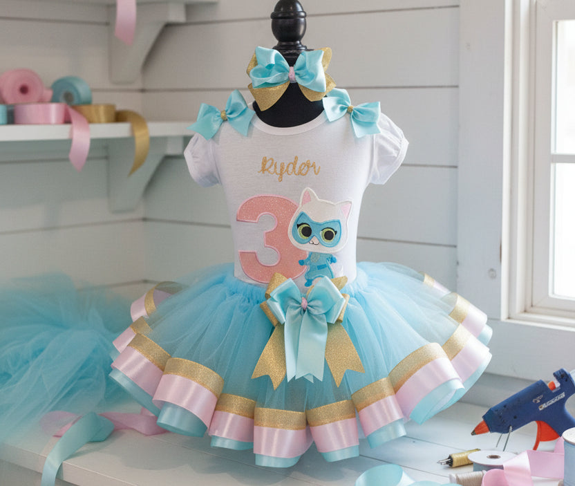 Super Kitties Bitzy Tutu Set Girls Personalized Custom Blue Pink Gold Ribbon Sewn Trim Tutu Outfit Dress Theme Cake Smash Birthday Party