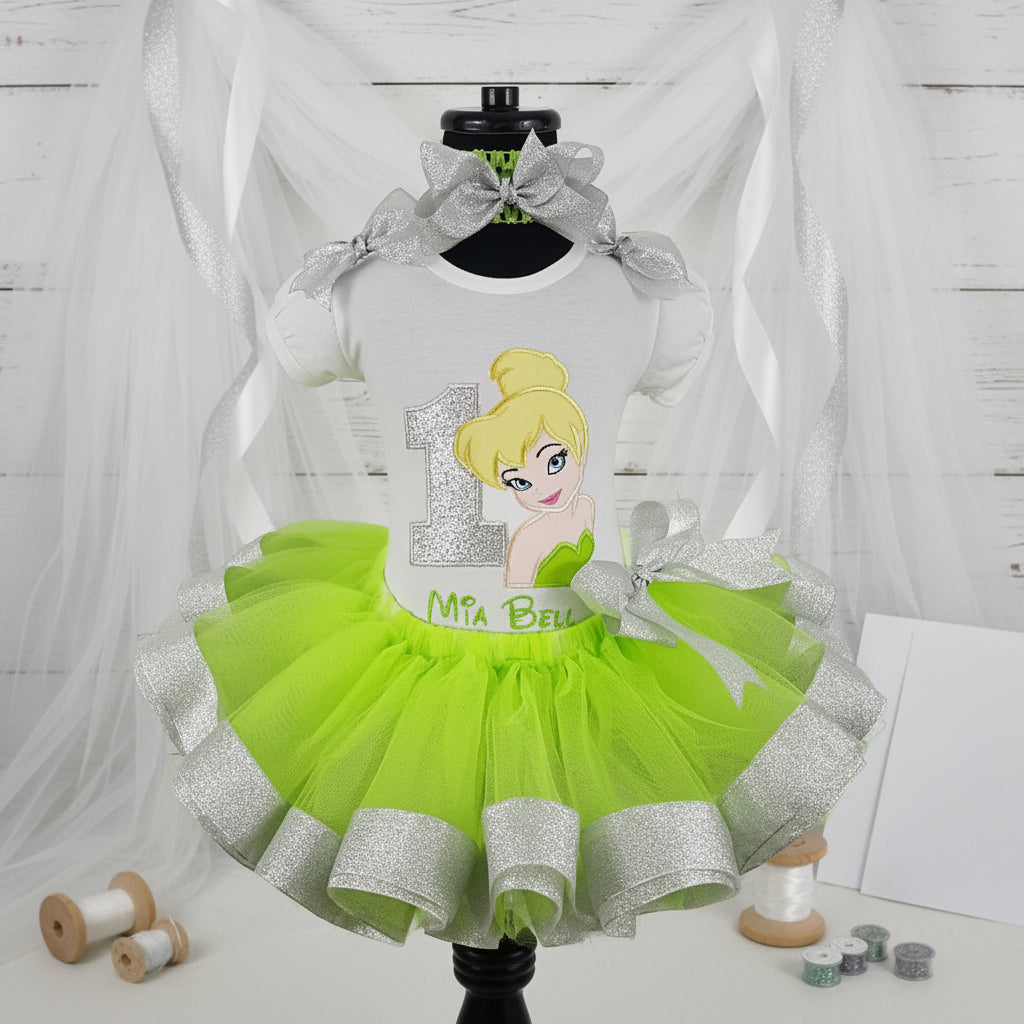 Fairy Princess Tinkerbell Face Tutu Set Girls Personalized Custom Silver Lime Green Ribbon Sewn Trim Tutu Outfit Dress Theme Cake Smash Birthday Party
