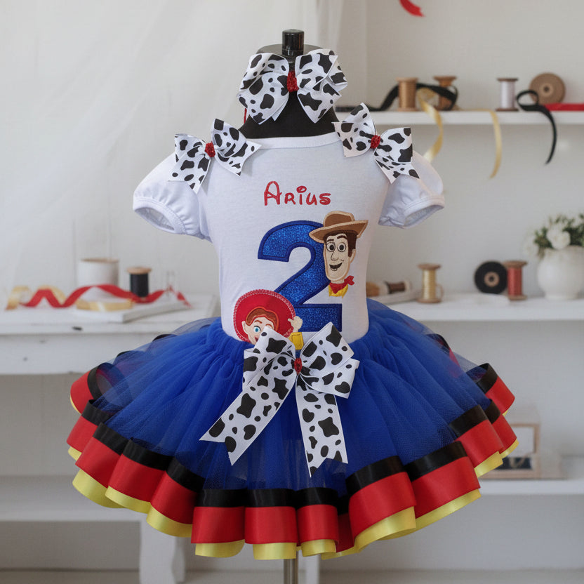 Toy Story Woody Jessie Tutu Set Girls Personalized Custom Blue Red Gold Ribbon Sewn Trim Tutu Outfit Dress Theme Cake Smash Birthday Party