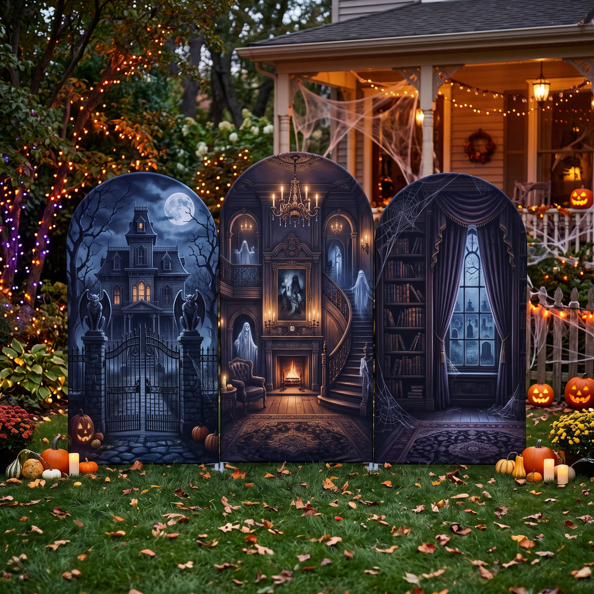 7.2ft Victorian Haunted Mansion Theme Halloween Arch Fabric Backdrop Cover - Multi-Panel Event Backdrop Decor Prop
