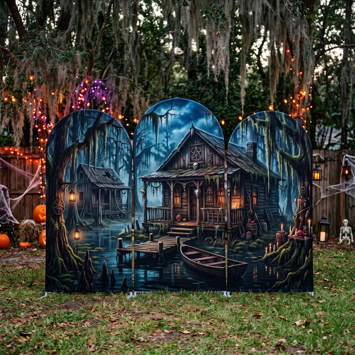 7.2ft Voodoo Swamp Cabin / The Bayou Theme Halloween Arch Fabric Backdrop Cover - Multi-Panel Event Backdrop Decor Prop
