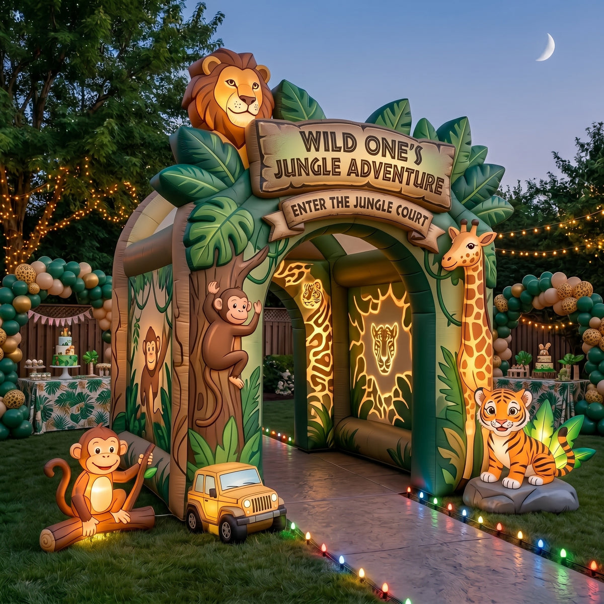 Wild One Jungle Safari Theme Premium 10' x 10' Birthday House Inflatable Blow Up Walk-Through Archway Experience Decor Prop