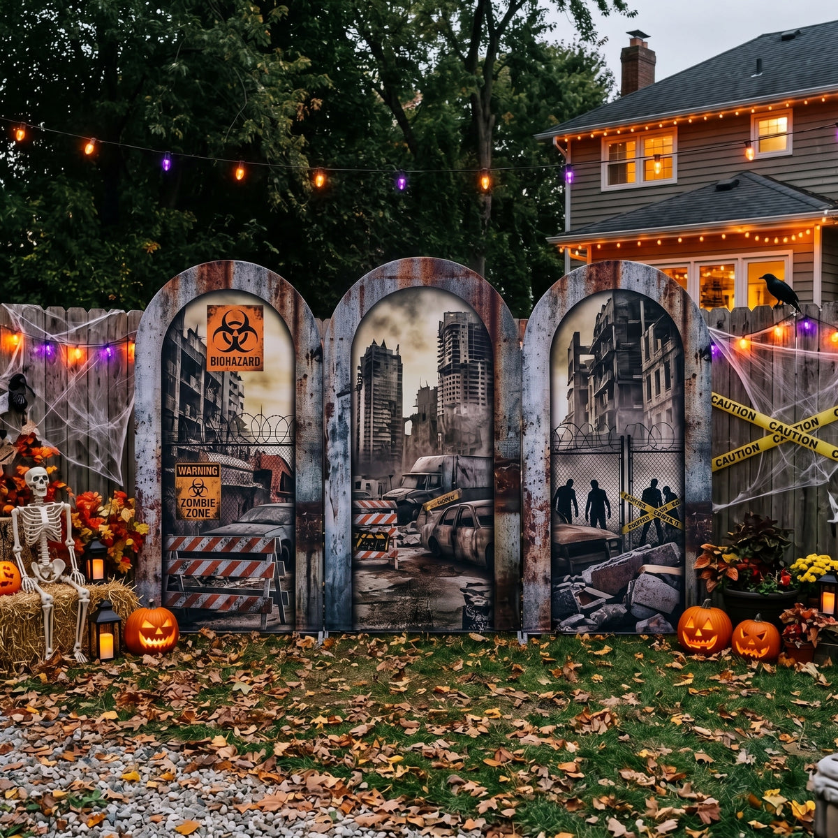 7.2ft Zombie Outbreak / Quarantine Zone Theme Halloween Arch Fabric Backdrop Cover - Multi-Panel Event Backdrop Decor Prop