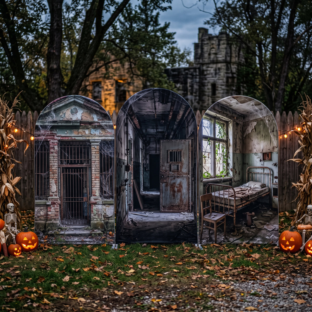 7.2ft Abandoned Asylum Hospital Theme Halloween Arch Fabric Backdrop Cover - Multi-Panel Event Backdrop Decor Prop