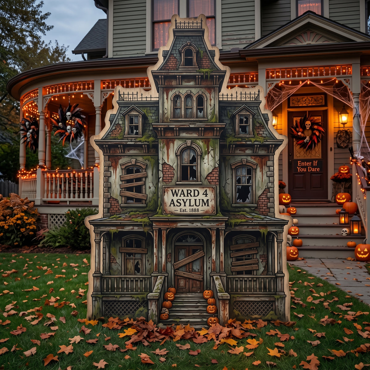 Life Size Abandoned Asylum Hospital Premium Freestanding Halloween Cutouts Yard Sign Decor Party Prop