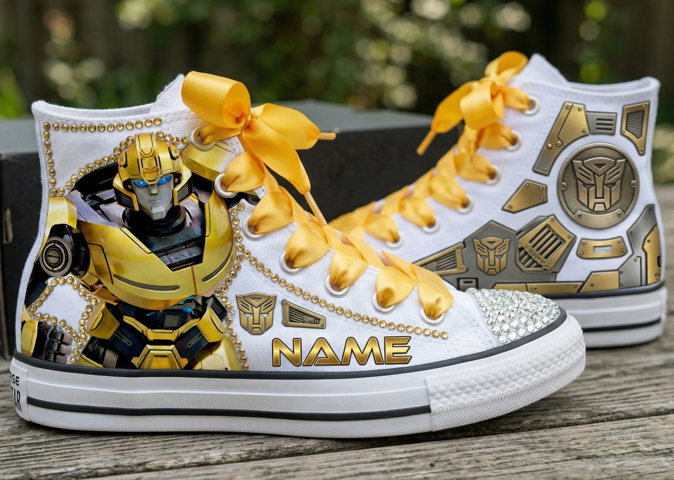Custom Transformers Bumble Bee High-Top Sneakers Shoes Personalized with Name, Ribbon Laces & Rhinestones Birthday Parties Everyday Gift