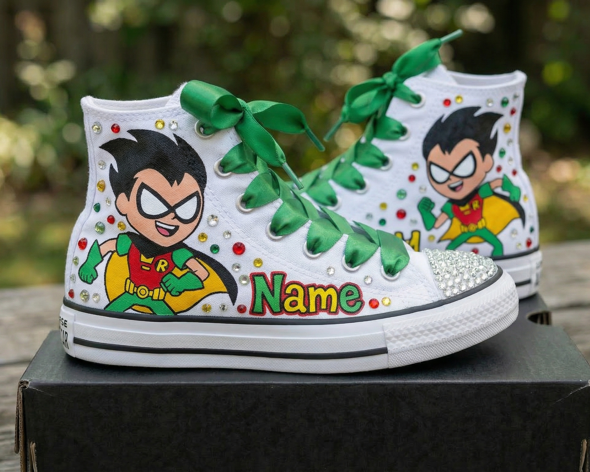 Custom Teen Titans Go Robin High-Top Sneakers Shoes Personalized with Name, Ribbon Laces & Rhinestones Birthday Parties Everyday Gift