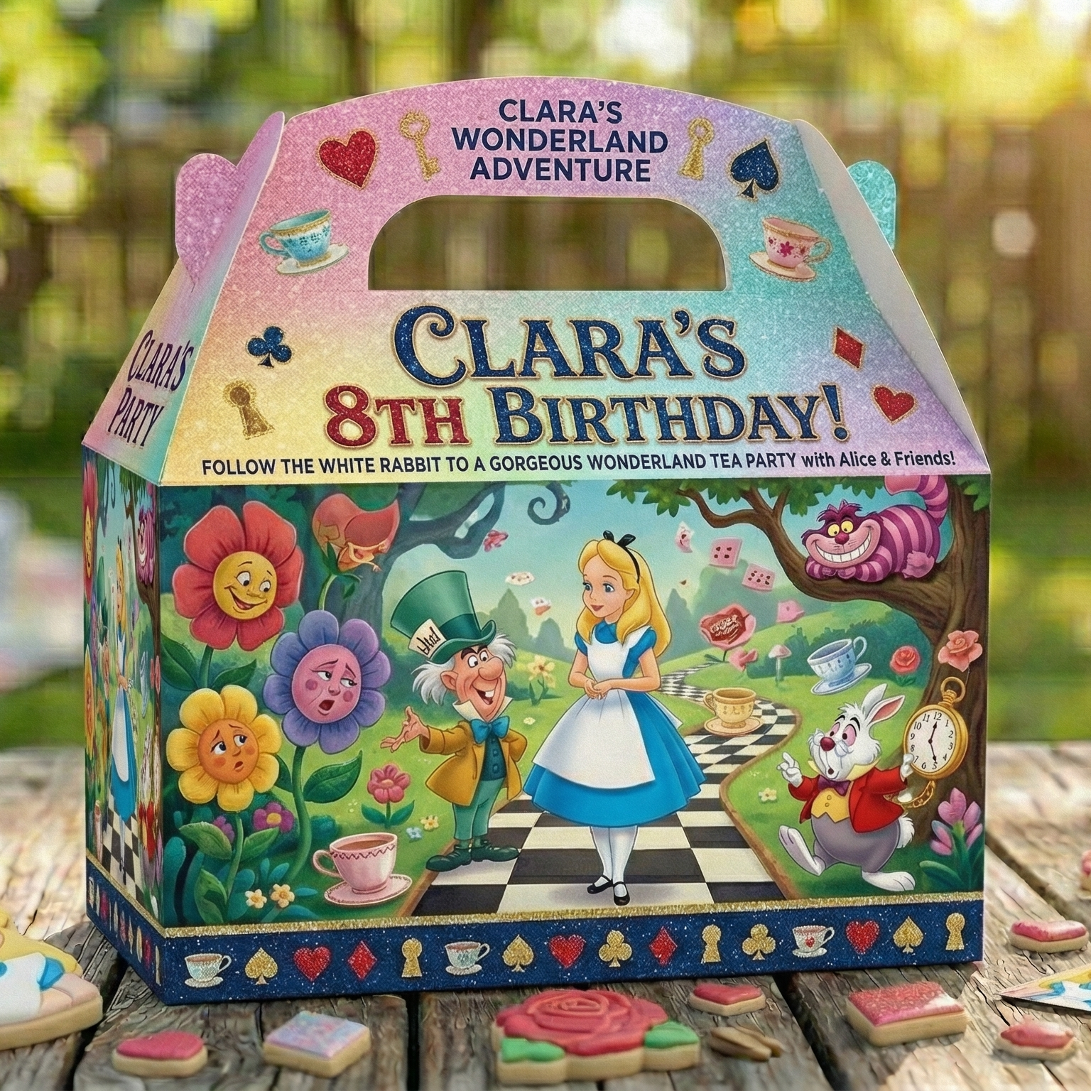 (Pack of 6) Alice in Wonderland Custom Personalized Birthday Party Favor Gable Treat Boxes