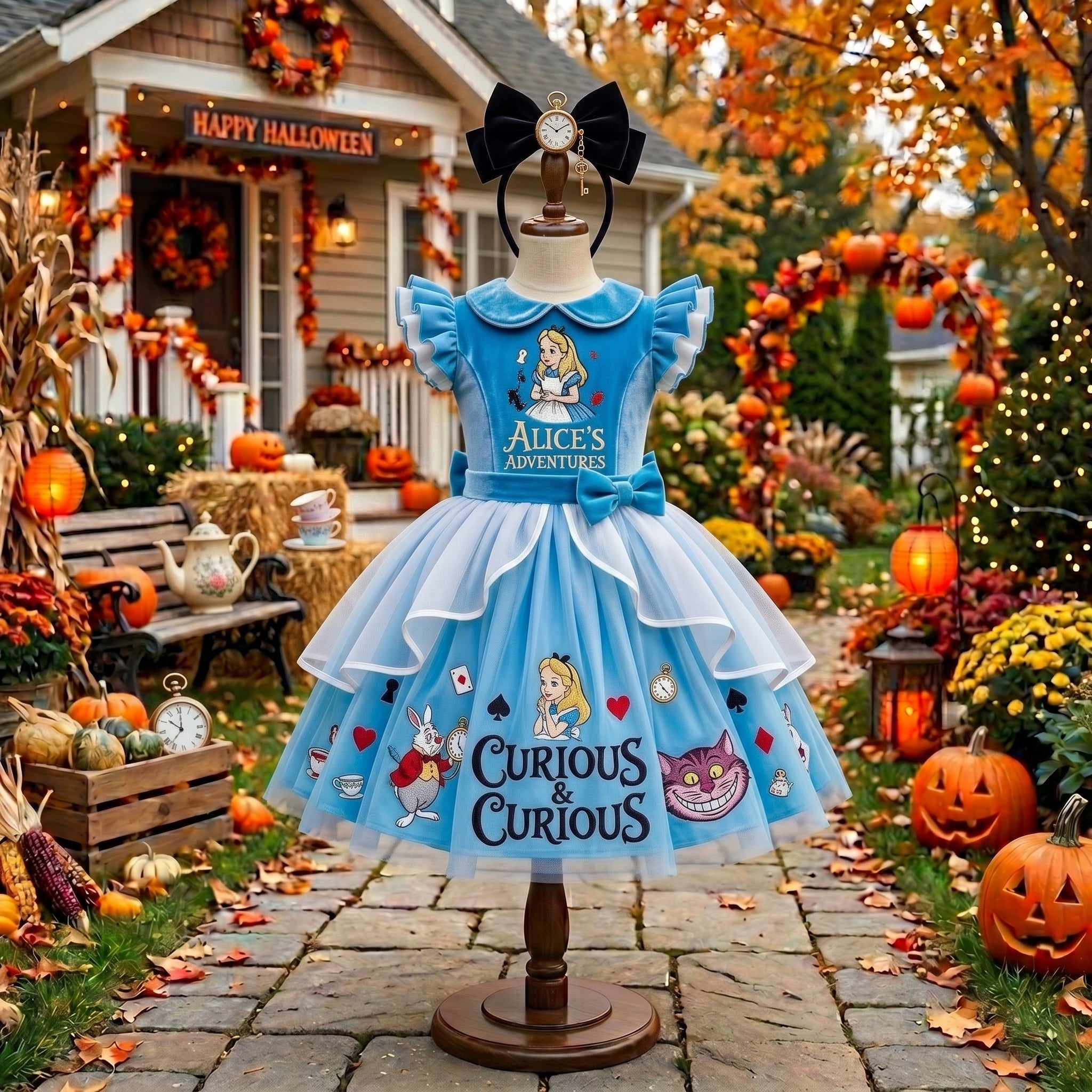 Alice in Wonderland Girls' Deluxe Sparkle Tutu Party Costume Dress Set with Matching Headband Halloween Birthday Pageant