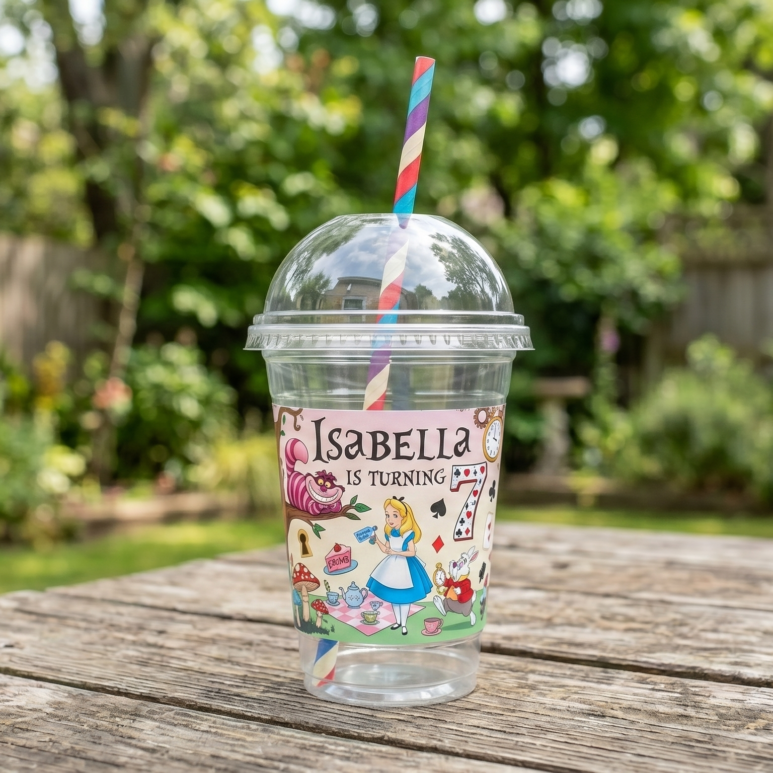 (Pack of 6) Alice in Wonderland Custom Personalized Birthday Party 16 oz Cups with Dome Lids & Straws