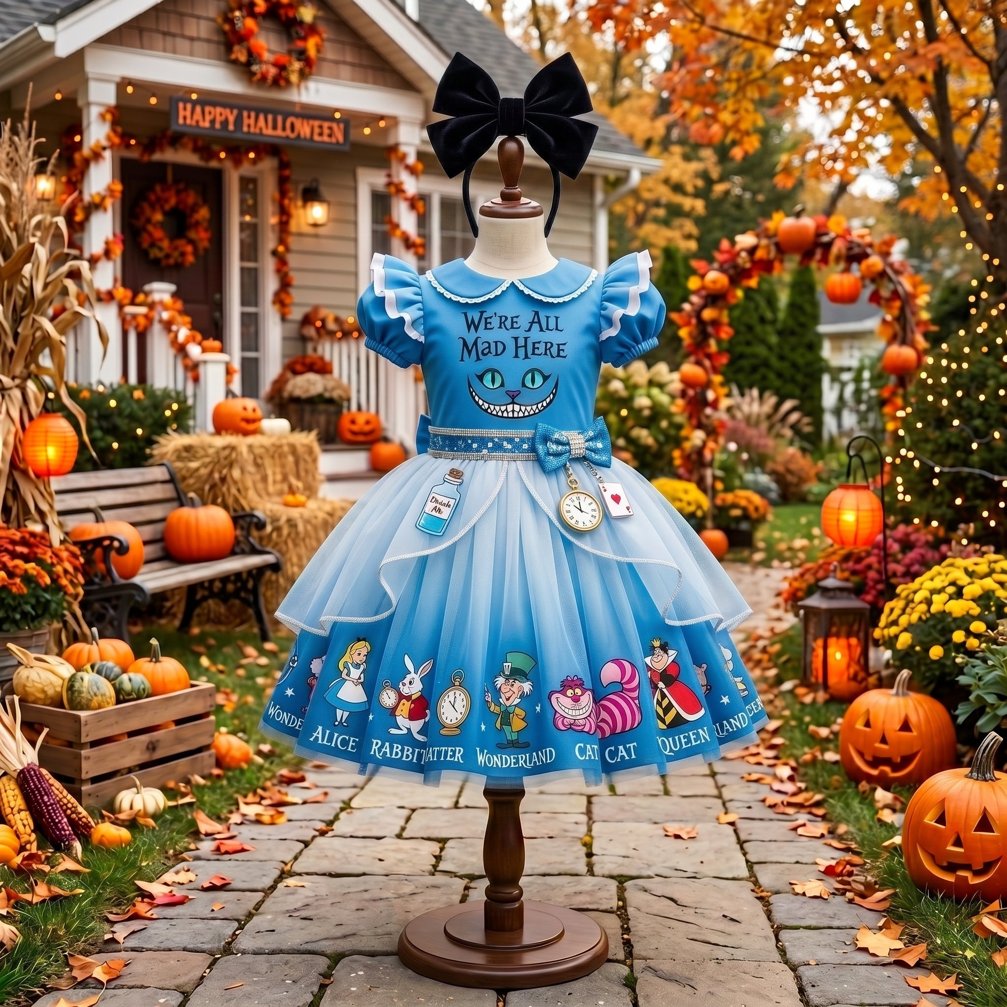 Alice in Wonderland We're All Mad Here Girls' Deluxe Sparkle Tutu Party Costume Dress Set with Matching Headband Halloween Birthday Pageant