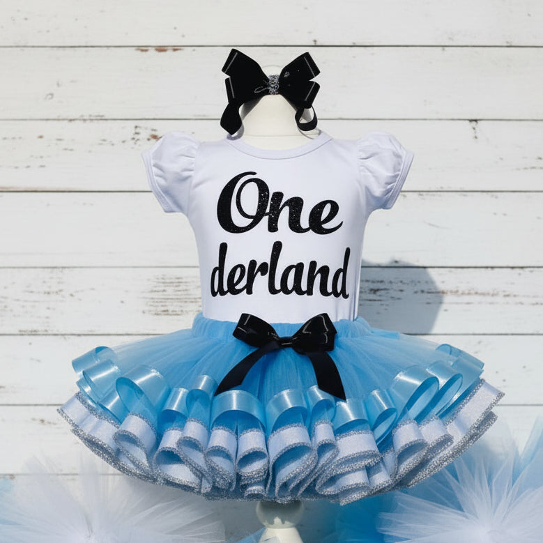 Alice in One Derland Tutu Set Girls Personalized Custom Black Blue Ribbon Sewn Trim Tutu Outfit Dress Theme Cake Smash Birthday Party