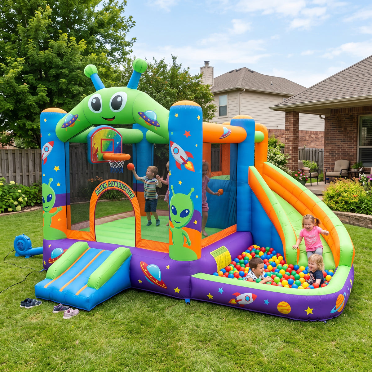Play Bounce House Jumping Playhouse area with Slide and Ball Pit Alien Theme