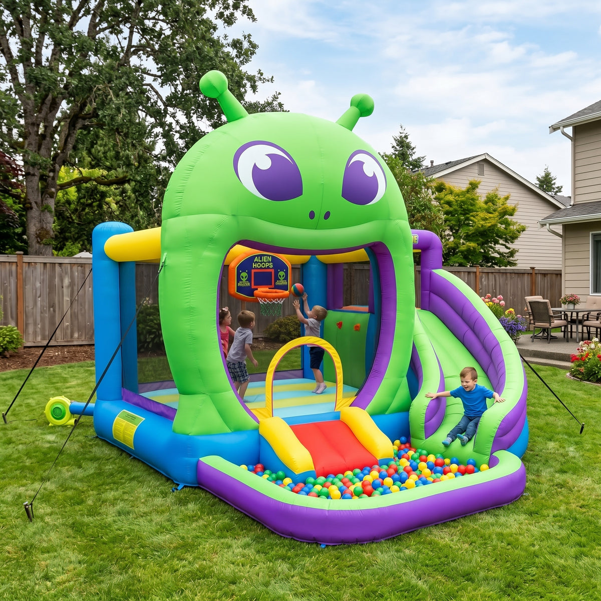 Play Bounce House Jumping Playhouse area with Slide and Ball Pit Alien's Head Castle Theme