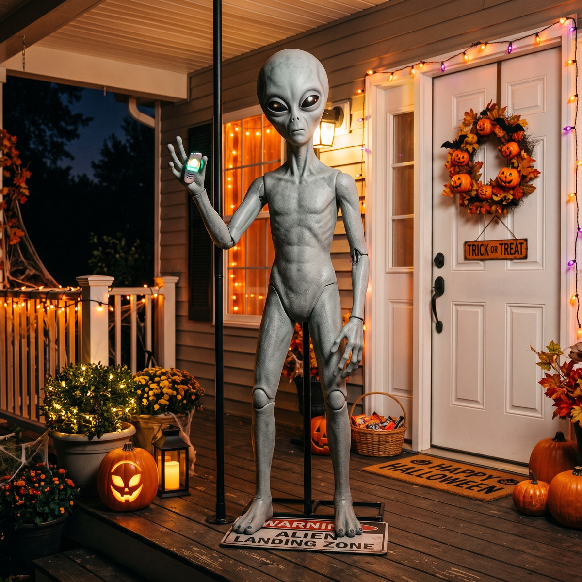 6' Animated Alien Invasion Alien Examiner Figure Music Lights Motion Sensor Halloween Home Decor Accent Yard Prop