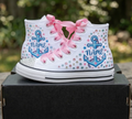 Custom nautical Ship Anchor High-Top Sneakers Shoes Personalized with Name, Ribbon Laces & Rhinestones Birthday Parties Everyday Gift