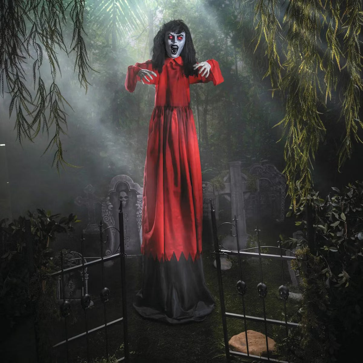 5.10' Creepy Animated Lady in Red Dress Halloween Home Decor Accent Yard Prop