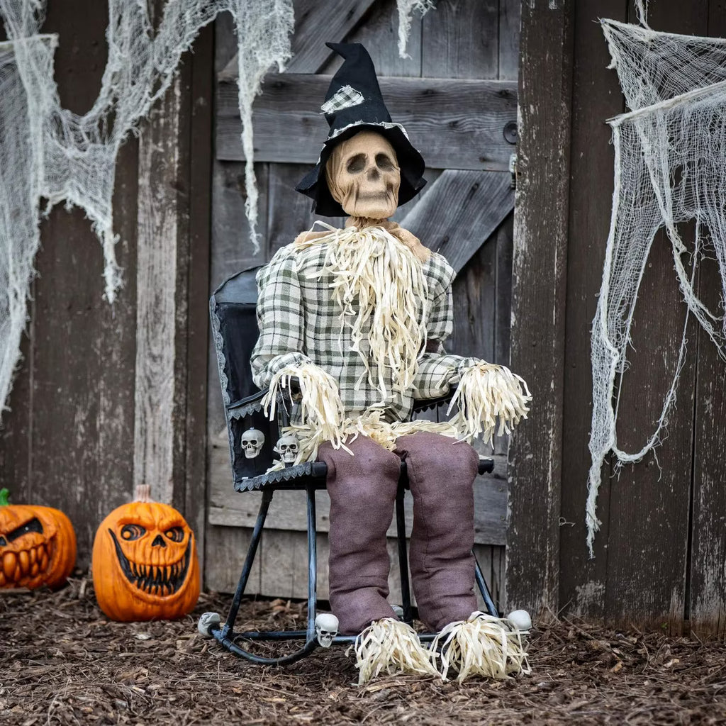 4' Animated Creepy Sitting Scarecrow on Rocking Chair Halloween Home Decor Accent Yard Prop