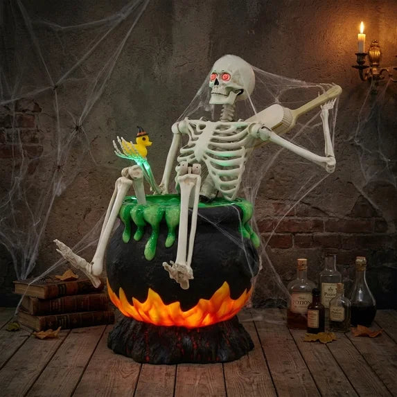 3.5' Animated Skeleton sitting in Cauldron Halloween Home Decor Accent Yard Prop