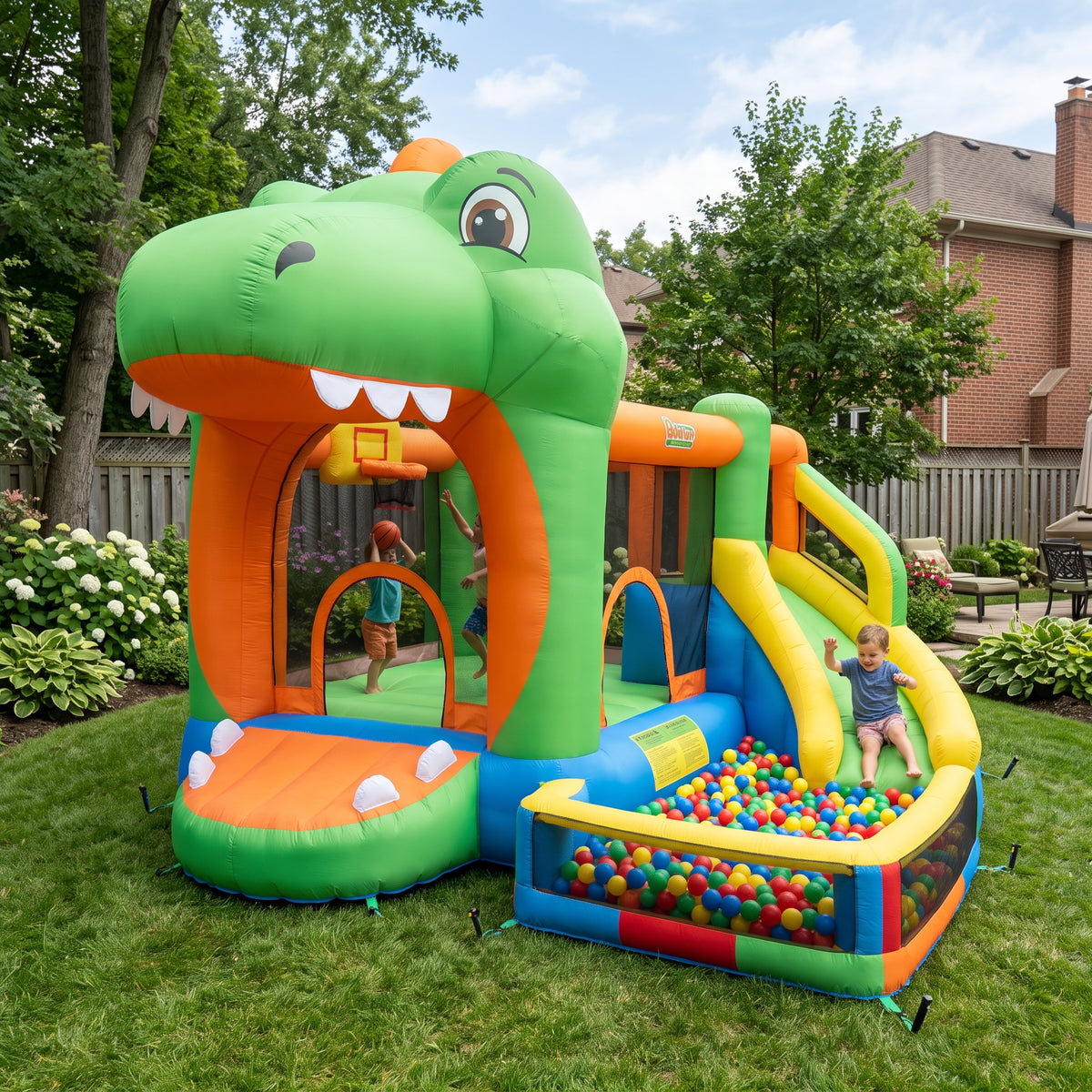 Play Bounce House Jumping Playhouse area with Slide and Ball Pit Dinosaur Apatosaurus' Head Castle Theme