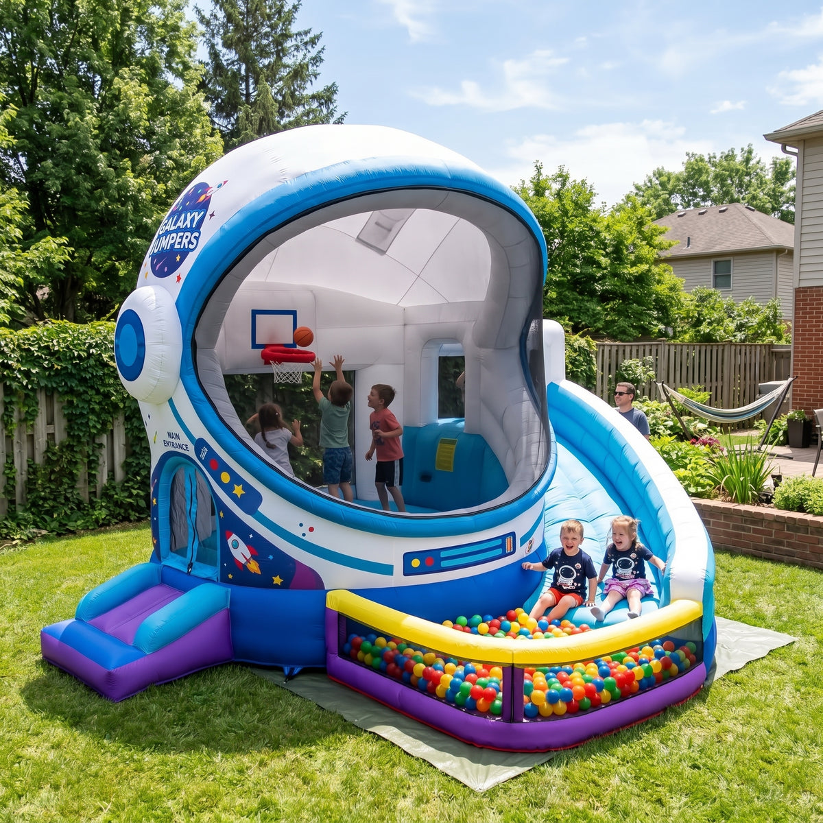 Play Bounce House Jumping Playhouse area with Slide and Ball Pit Space Astronaut's Head Castle Theme