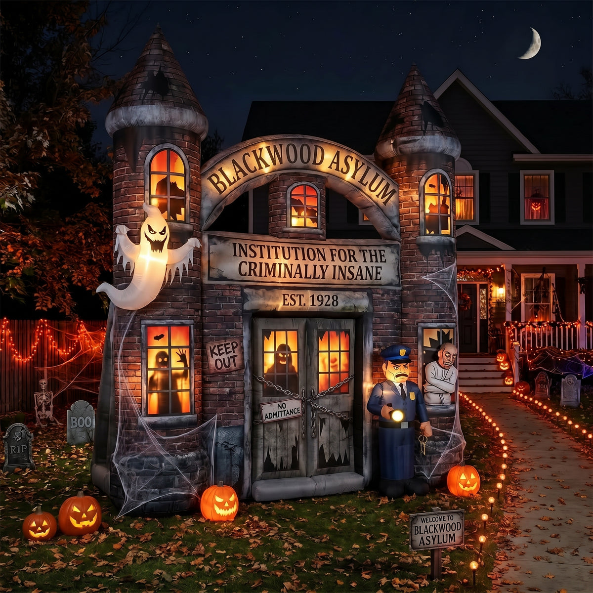 Massive 8-Foot-Tall Abandoned Asylum Colossal Multi-Tiered Halloween Yard Inflatable Scene Decor Prop