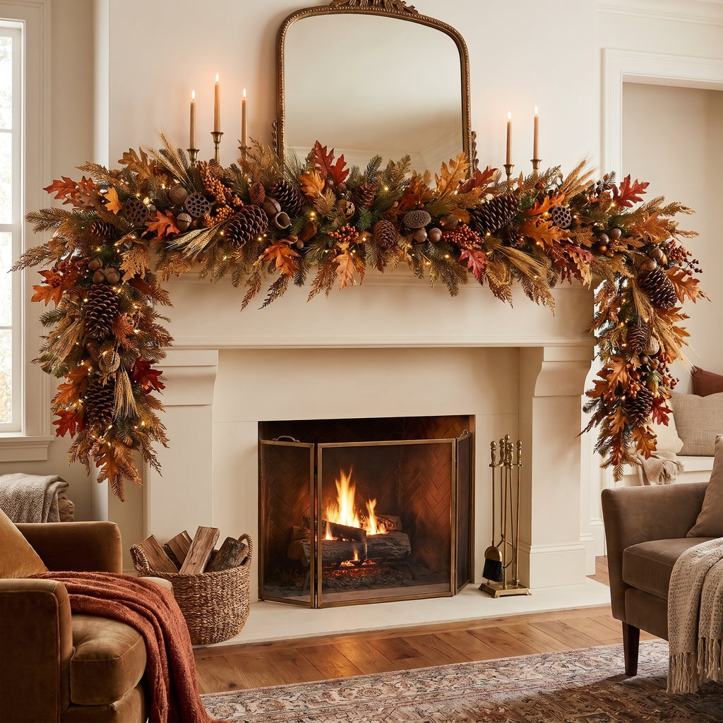 8-Foot Pre-Lit Autumn Harvest Woodland Artificial Holiday Garland Christmas Decor