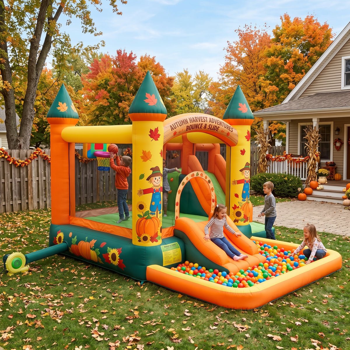 Play Bounce House Jumping Playhouse area with Slide and Ball Pit Autumn Harvest Adventure Castle Theme