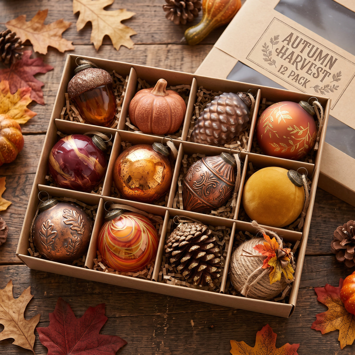 12-Piece Assorted Autumn Harvest and Thanksgiving Luxury Shatterproof Ornament Set Christmas Decor