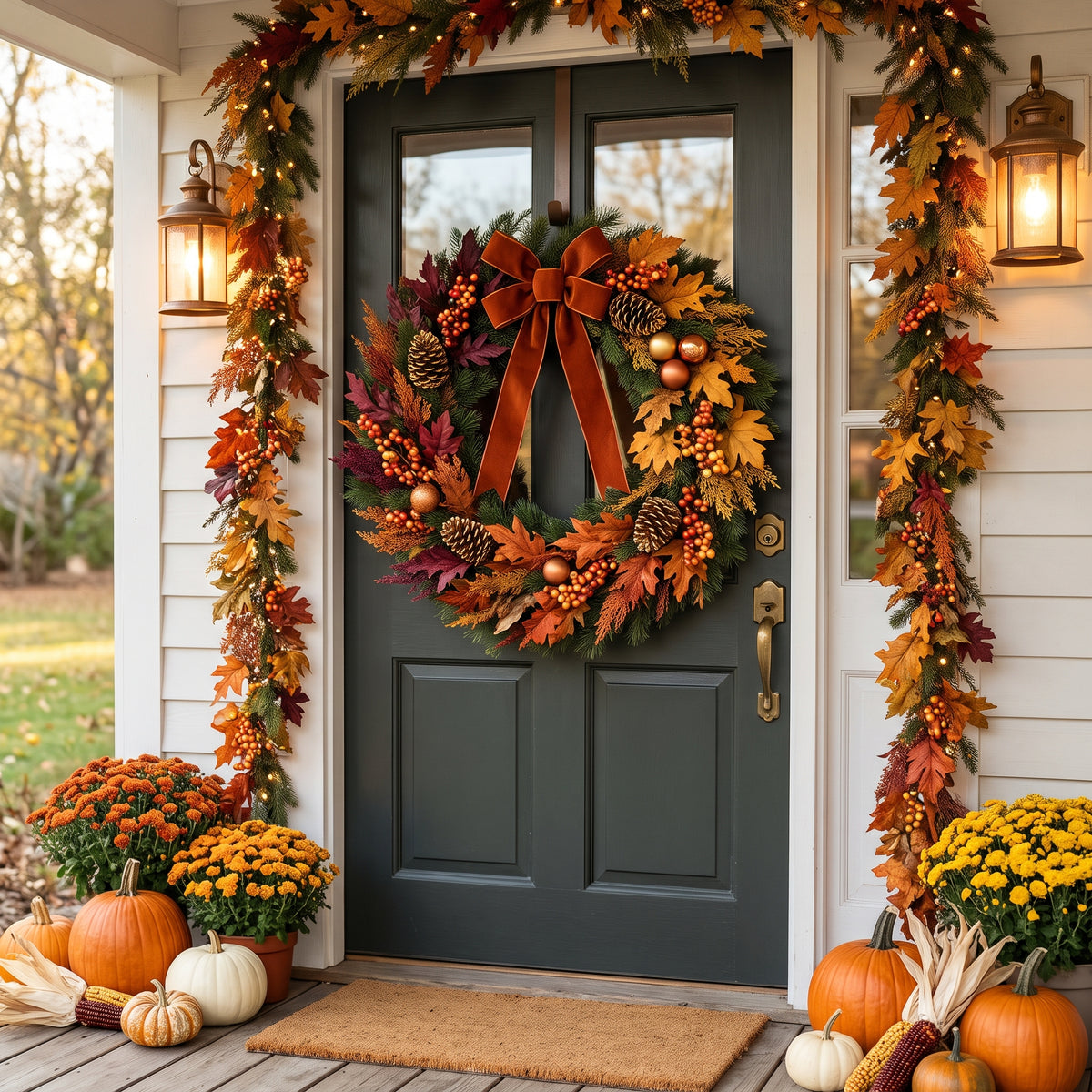 36-Inch Pre-Lit Autumn Harvest and Rust Velvet Bow Luxury Artificial Holiday Wreath Christmas Decor