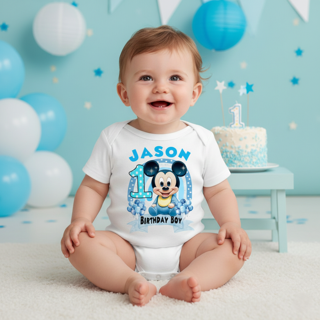 Baby Mickey Mouse Personalized Custom White T-Shirt or Onesie Theme Cake Smash Birthday Party