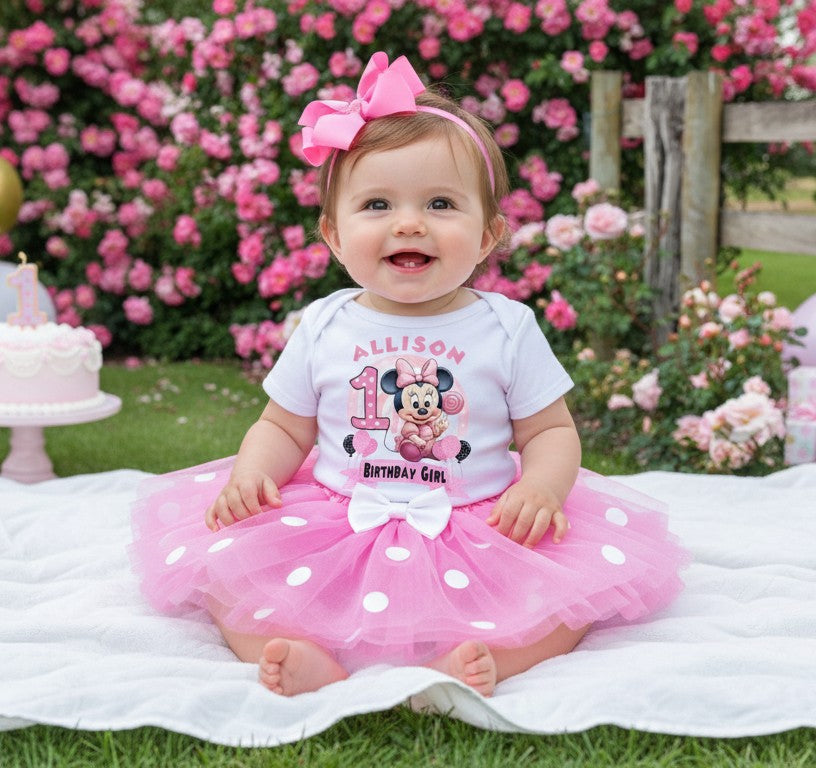 Baby Minnie Mouse Tutu Set Girls Personalized Custom Pink White Polka Dots Tutu Outfit Dress Theme Cake Smash Birthday Party