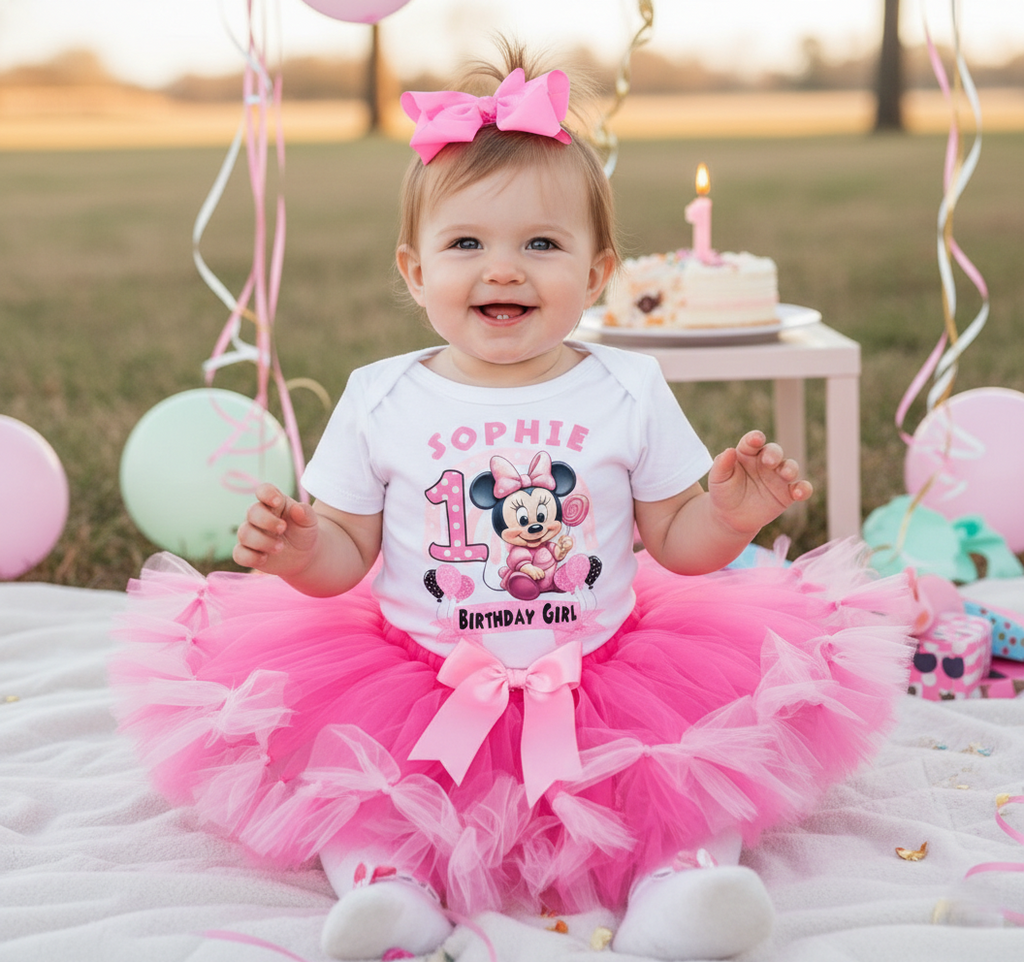 Baby Minnie Mouse Tutu Set Girls Personalized Custom Hot Pink Soft Pink Knots Tutu Outfit Dress Theme Cake Smash Birthday Party