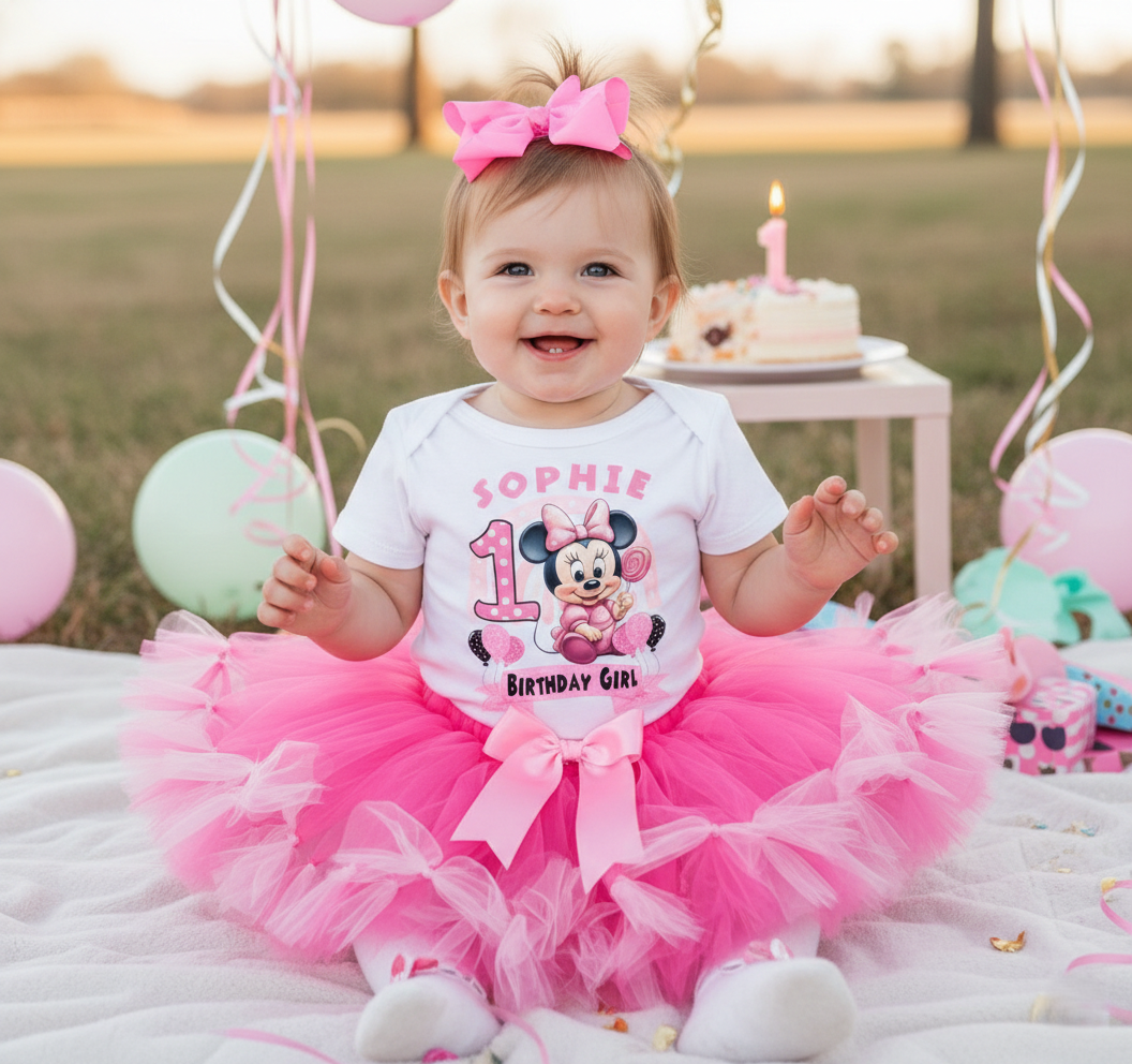 Baby Minnie Mouse Tutu Set Girls Personalized Custom Hot Pink Soft Pink Knots Tutu Outfit Dress Theme Cake Smash Birthday Party