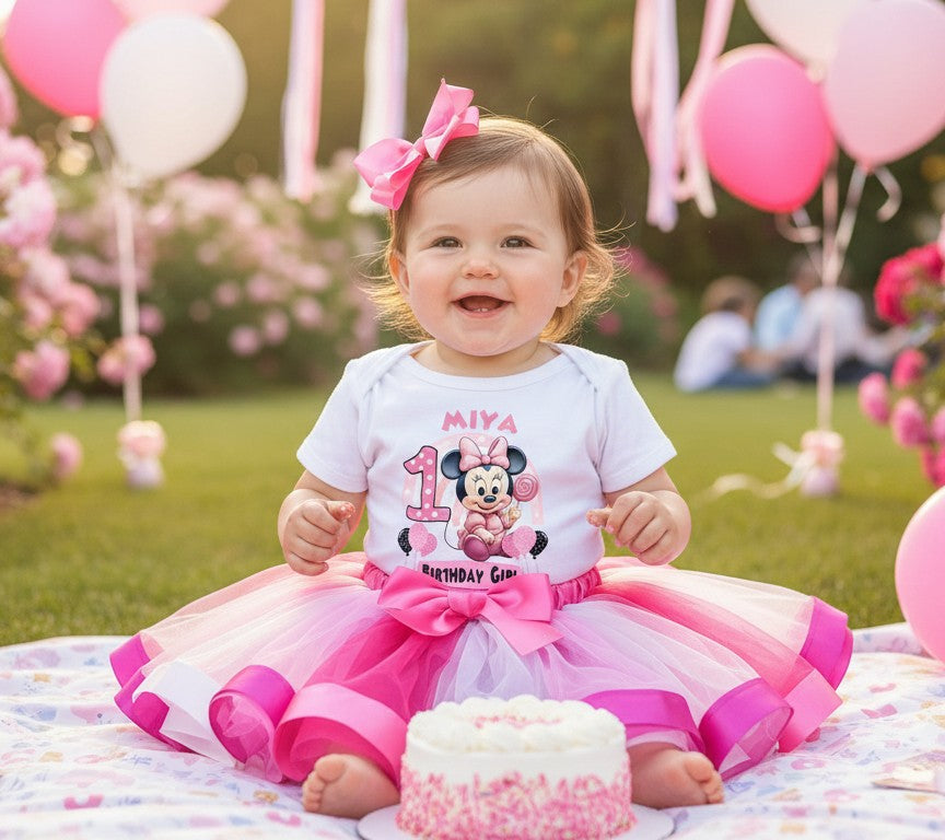 Baby Minnie Mouse Tutu Set Girls Personalized Custom Hot Pink White Pink Ribbon Tutu Outfit Dress Theme Cake Smash Birthday Party