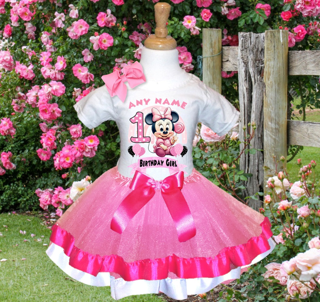 Baby Minnie Mouse Tutu Set Girls Personalized Custom Pink Hot Pink White Ribbon Trim Tutu Outfit Dress Theme Cake Smash Birthday Party