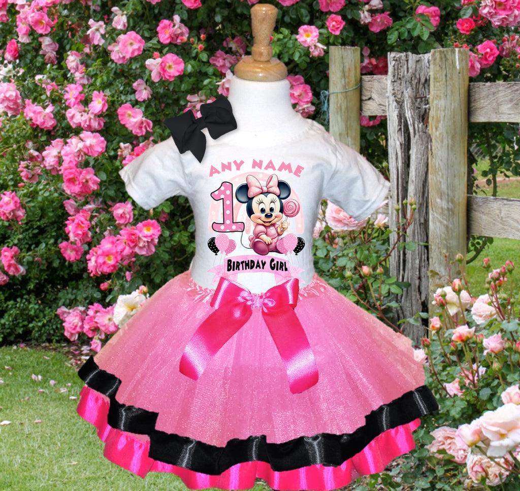 Baby Minnie Mouse Tutu Set Girls Personalized Custom Pink Black Hot Pink Ribbon Trim Tutu Outfit Dress Theme Cake Smash Birthday Party
