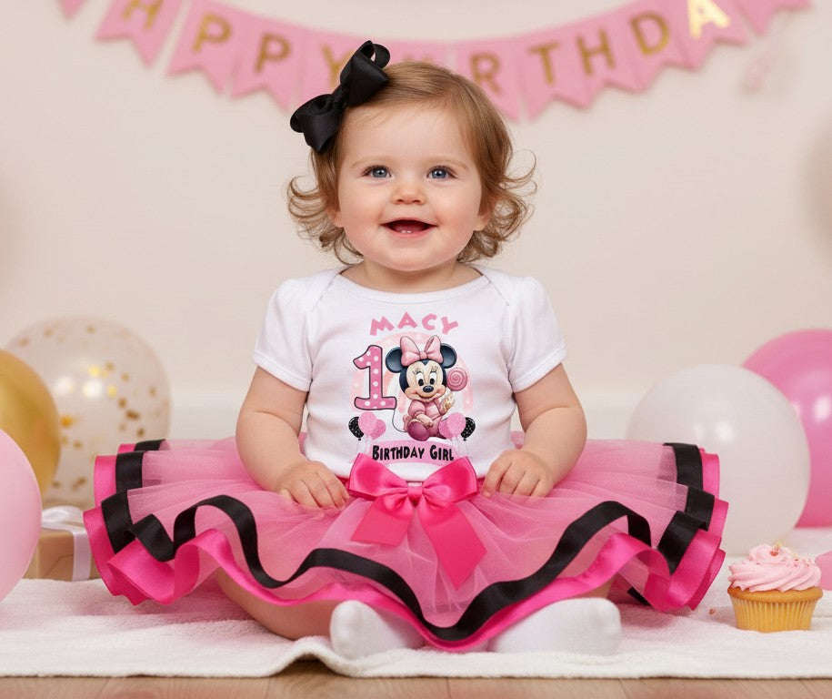 Baby Minnie Mouse Tutu Set Girls Personalized Custom Pink Black Hot Pink Ribbon Trim Tutu Outfit Dress Theme Cake Smash Birthday Party