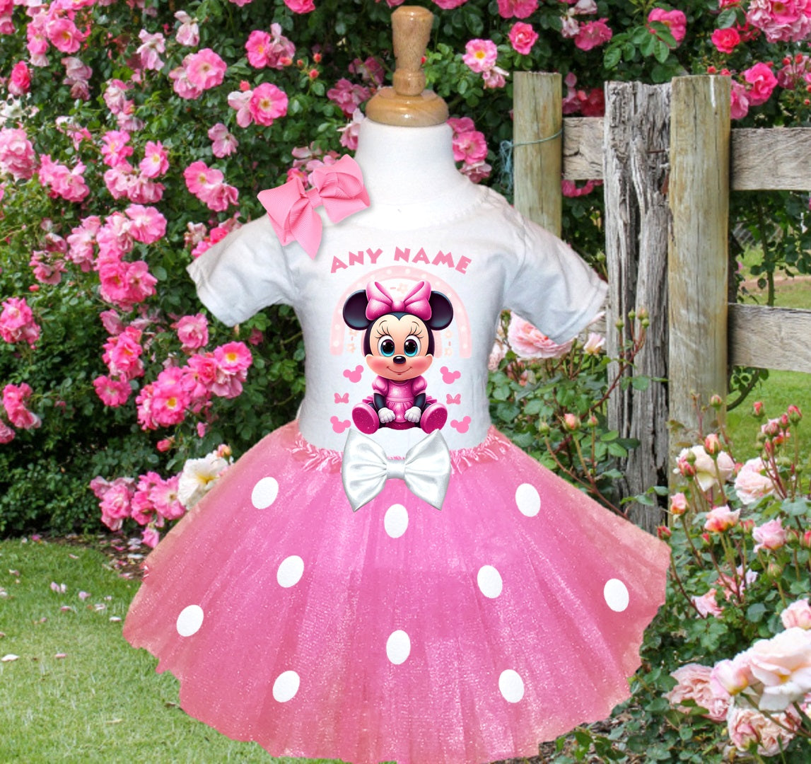 Baby Minnie Mouse Tutu Set Girls Personalized Custom Pink White Polka Dots Tutu Outfit Dress Theme Cake Smash Party