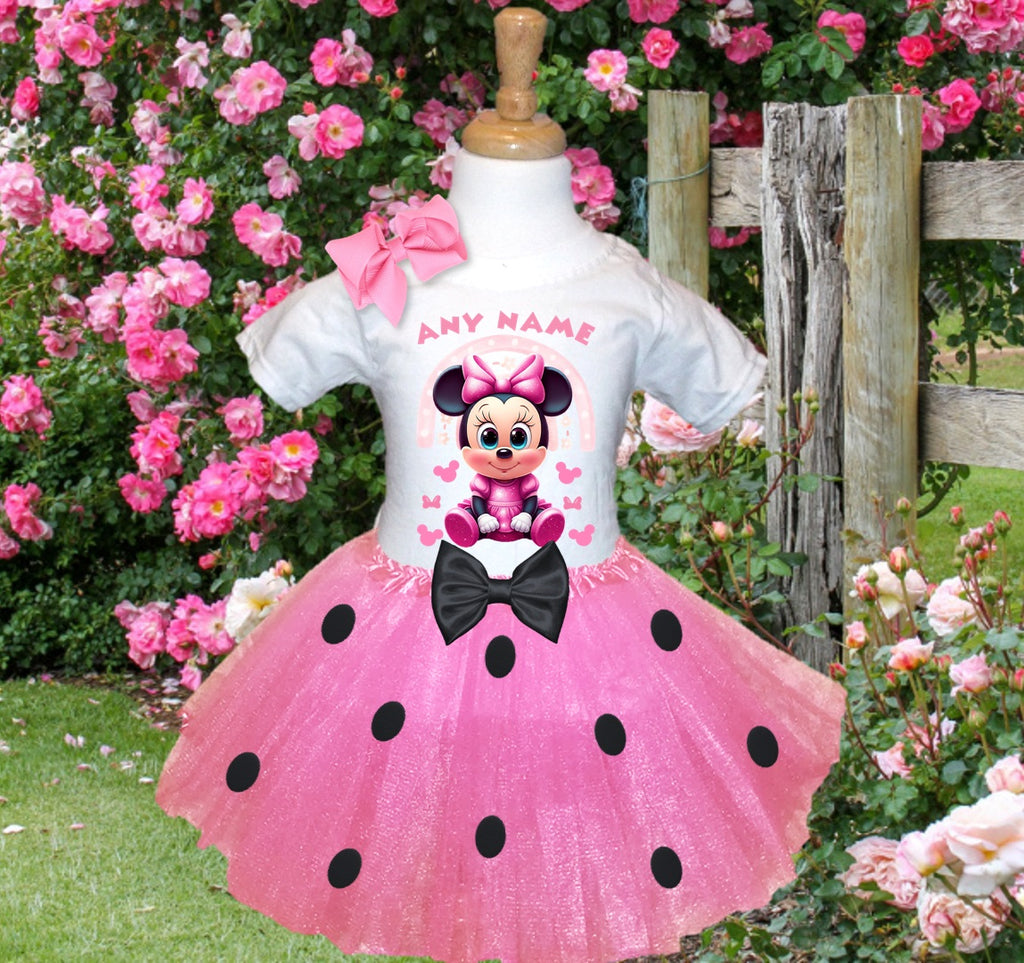 Baby Minnie Mouse Tutu Set Girls Personalized Custom Pink Black Polka Dots Tutu Outfit Dress Theme Cake Smash Party