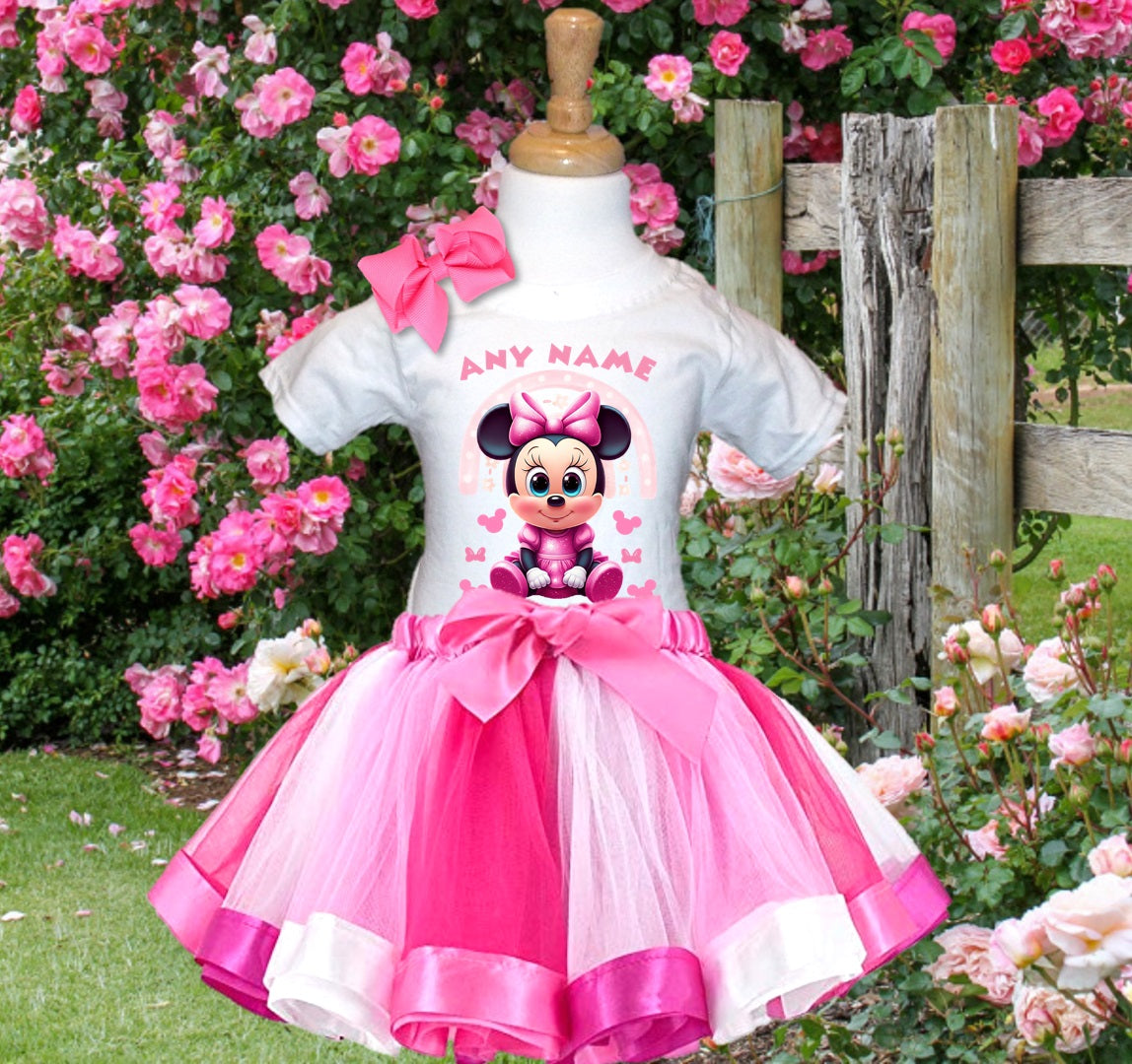 Baby Minnie Mouse Tutu Set Girls Personalized Custom Hot Pink White Pink Ribbon Tutu Outfit Dress Theme Cake Smash Party