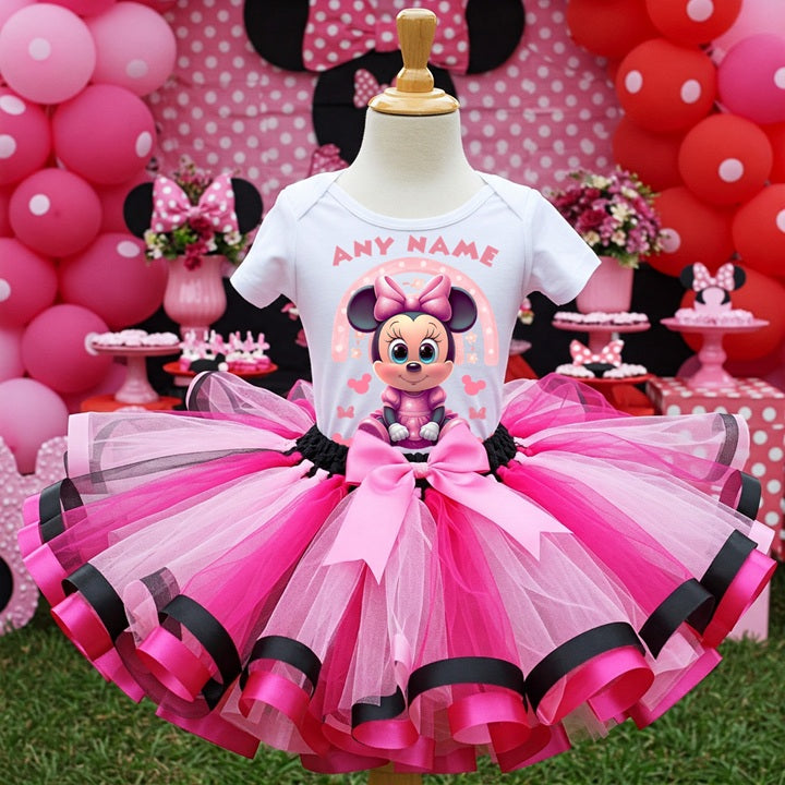 Baby Minnie Mouse Tutu Set Girls Personalized Custom Pink Black Hot Pink Ribbon Sewn Trim Tutu Outfit Dress Theme Cake Smash Party
