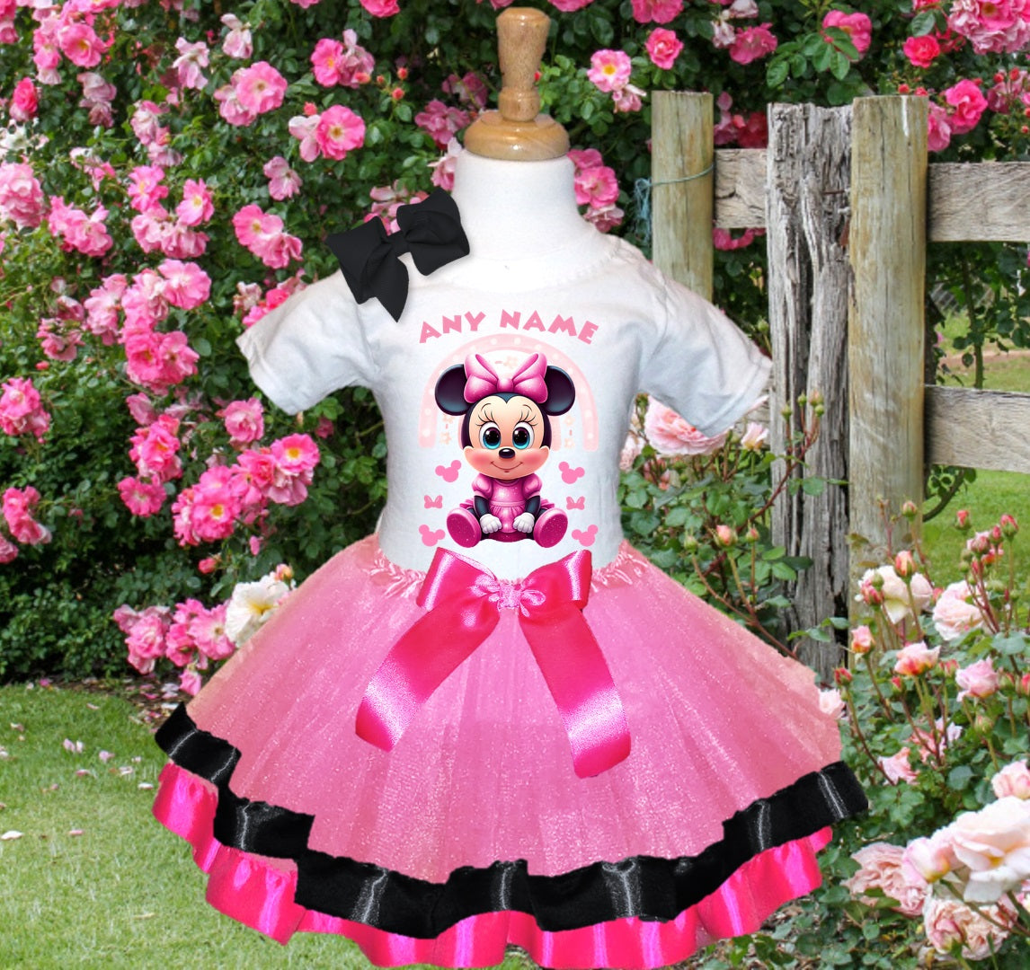 Baby Minnie Mouse Tutu Set Girls Personalized Custom Pink Black Hot Pink Ribbon Trim Tutu Outfit Dress Theme Cake Smash Party
