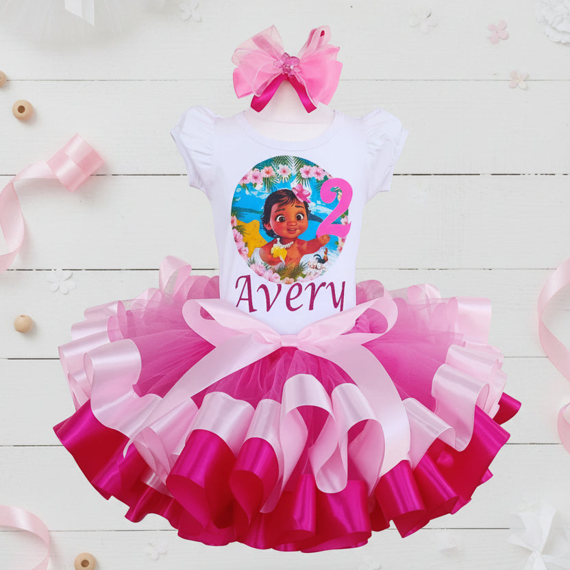 Little Moana Princess Baby Luau Tutu Set Girls Personalized Custom Pink Ribbon Sewn Trim Tutu Outfit Dress Theme Cake Smash Birthday Party