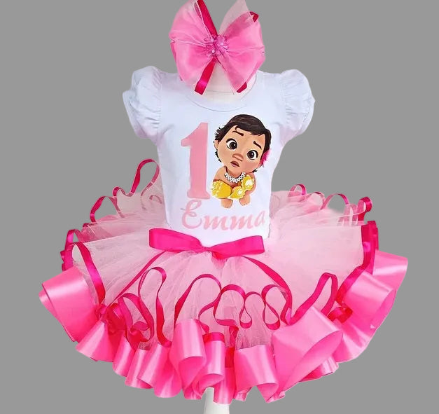 Little Moana Princess Baby Tutu Set Girls Personalized Custom Pink Ribbon Sewn Trim Tutu Outfit Dress Theme Cake Smash Birthday Party