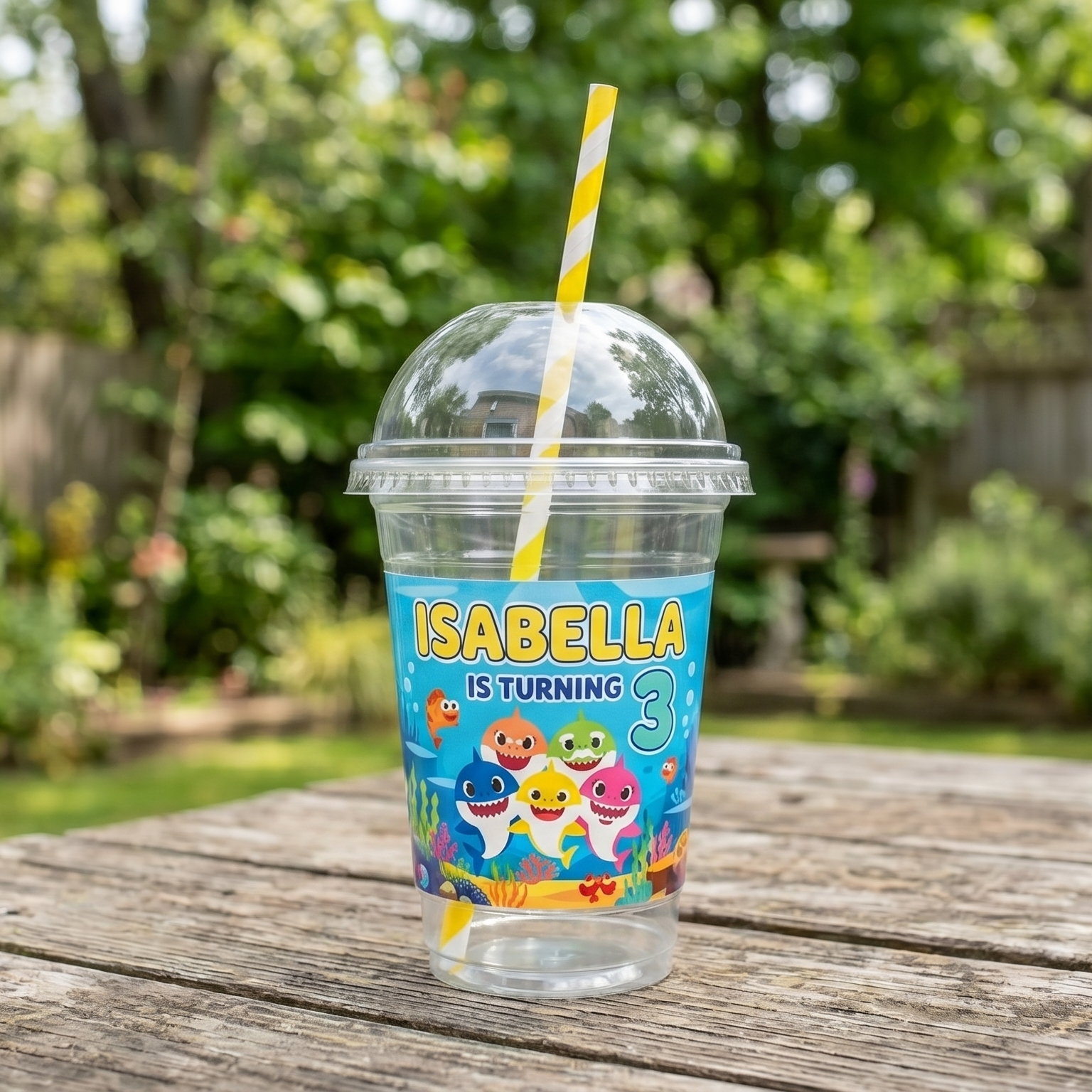 (Pack of 6) Baby Shark Custom Personalized Birthday Party 16 oz Cups with Dome Lids & Straws