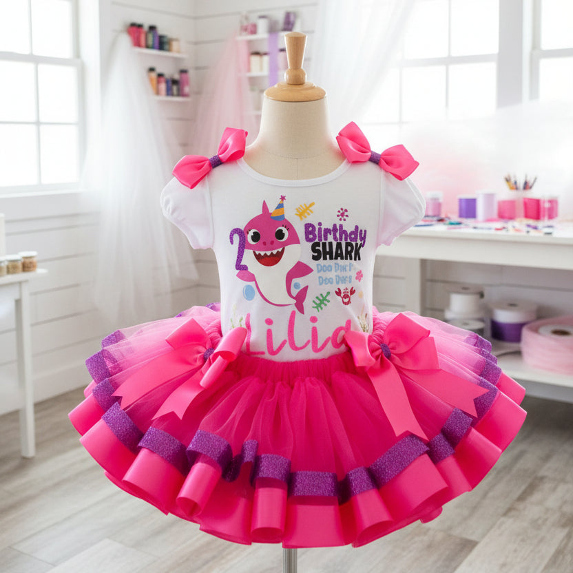 Baby Shark Girl Tutu Set Girls Personalized Custom Purple Pink Ribbon Sewn Trim Tutu Outfit Dress Theme Cake Smash Birthday Party