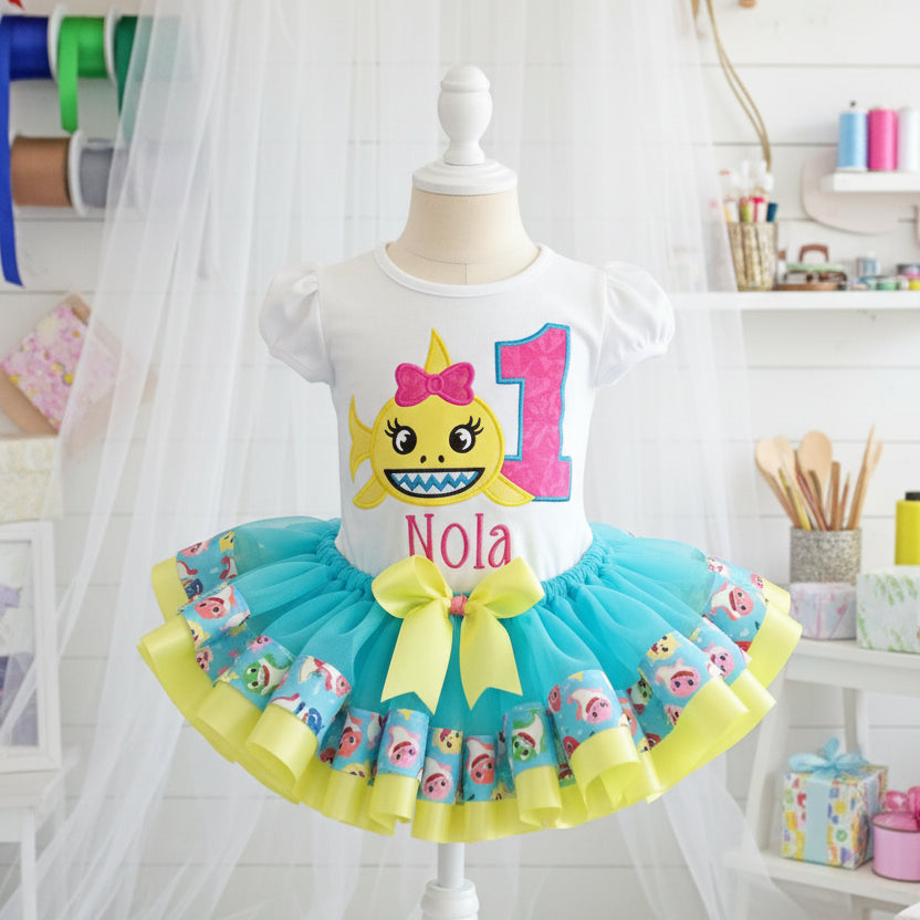 Baby Shark Yellow Tutu Set Girls Personalized Custom Blue Pink Yellow Ribbon Sewn Trim Tutu Outfit Dress Theme Cake Smash Birthday Party