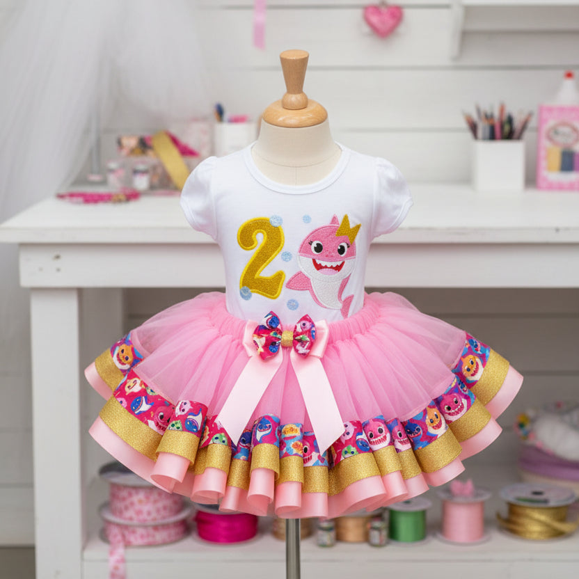Little Pink Baby Shark Tutu Set Girls Personalized Custom Pink Gold Ribbon Sewn Trim Tutu Outfit Dress Theme Cake Smash Birthday Party